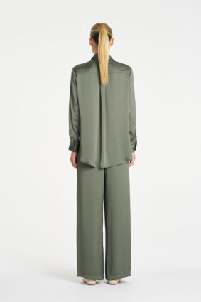 Mela Purdie Soft Shirt in Sage, a relaxed-fit long sleeve mirror satin button-up blouse for women
