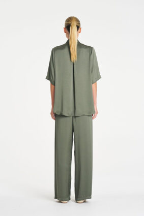 Mela Purdie Soft Shirt in Sage, a relaxed-fit long sleeve mirror satin button-up blouse for women