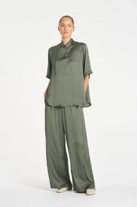 Mela Purdie Soft Shirt in Sage, a relaxed-fit long sleeve mirror satin button-up blouse for women