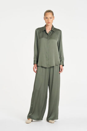 Mela Purdie Soft Shirt in Sage, a relaxed-fit long sleeve mirror satin button-up blouse for women