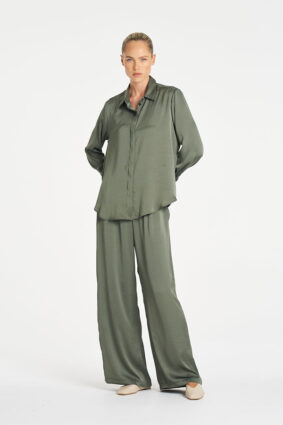 Mela Purdie Soft Shirt in Sage, a relaxed-fit long sleeve mirror satin button-up blouse for women