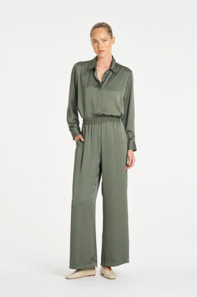Mela Purdie Soft Shirt in Sage, a relaxed-fit long sleeve mirror satin button-up blouse for women