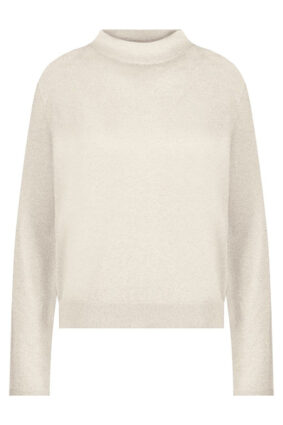 Model wearing a Monari Cut-Out Sweater in Almond beige knit with a high neckline.