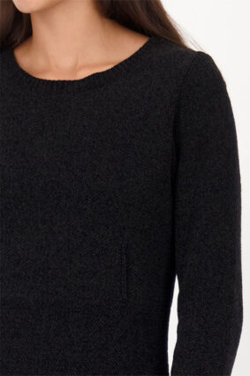 Monari knitted chenille black dress worn by a model.