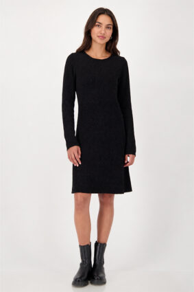 Monari knitted chenille black dress worn by a model.