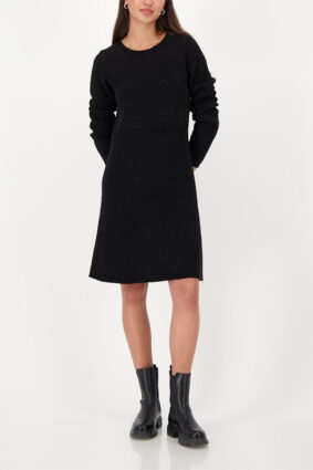 Monari knitted chenille black dress worn by a model.