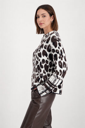Monari Jacquard Pattern Mix Sweater in black worn by a model