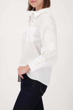 Monari Poplin Shirt Blouse Weiss showing the crisp white fabric and gold button details.