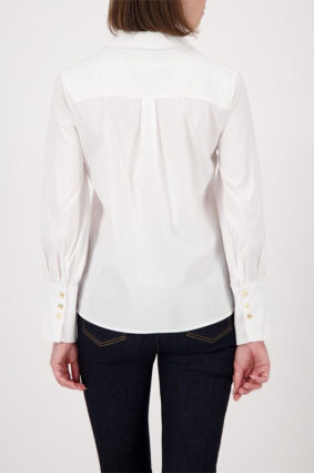 Monari Poplin Shirt Blouse Weiss showing the crisp white fabric and gold button details.
