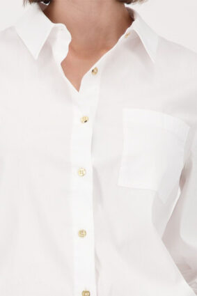 Monari Poplin Shirt Blouse Weiss showing the crisp white fabric and gold button details.