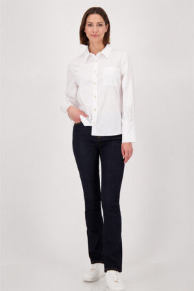 Monari Poplin Shirt Blouse Weiss showing the crisp white fabric and gold button details.