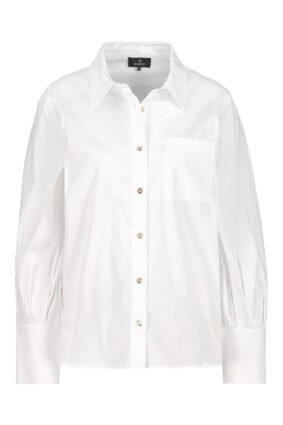 Monari Poplin Shirt Blouse Weiss showing the crisp white fabric and gold button details.