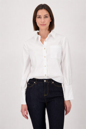 Monari Poplin Shirt Blouse Weiss showing the crisp white fabric and gold button details.