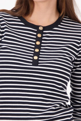 Monari STPD T-Shirt W Button Placket Black STP showing the striped pattern and button detailing.