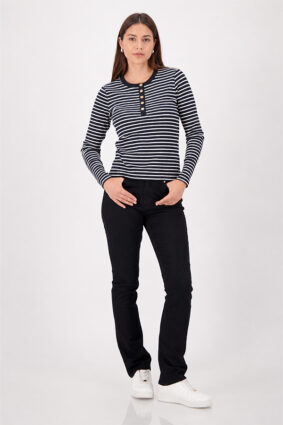 Monari STPD T-Shirt W Button Placket Black STP showing the striped pattern and button detailing.