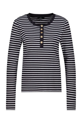 Monari STPD T-Shirt W Button Placket Black STP showing the striped pattern and button detailing.