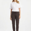 Model wearing Raffaello Rossi Candy Jogger Pant in Chocolate with silver drawstring hardware.