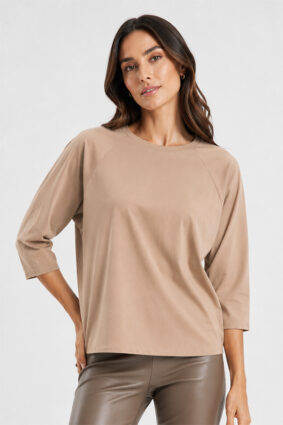 Raffaello Rossi Grazia warm taupe top with round neck and three-quarter raglan sleeves