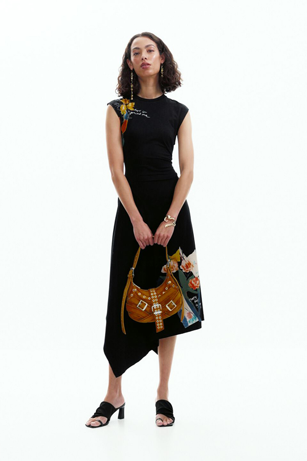 Desigual Asymmetric Floral Dress Negro styled with black heels and accessories