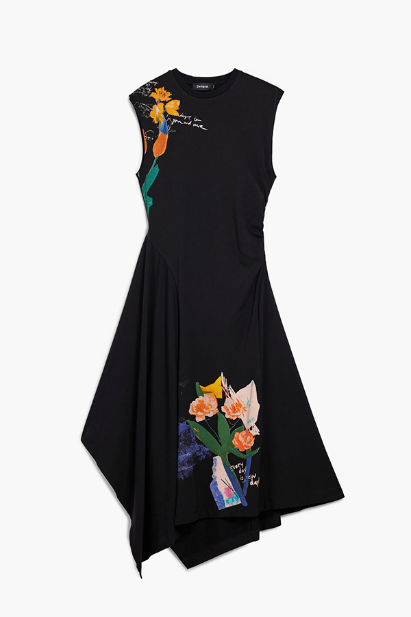 Desigual Asymmetric Floral Dress Negro styled with black heels and accessories
