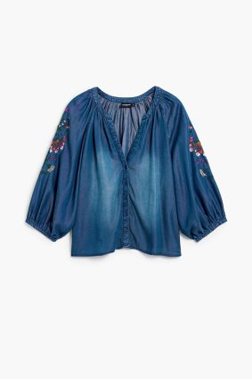 Desigual Embroidered Balloon Blouse Azul Marea front view showing soft washed blue fabric and flowing silhouette