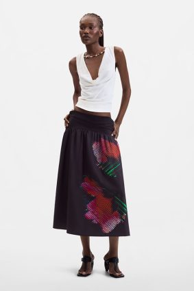 Desigual Pixelated Midi Skirt Negro front view showing fluid A-line silhouette and vibrant pixel-inspired print