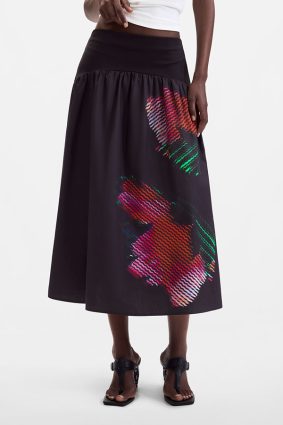 Desigual Pixelated Midi Skirt Negro front view showing fluid A-line silhouette and vibrant pixel-inspired print