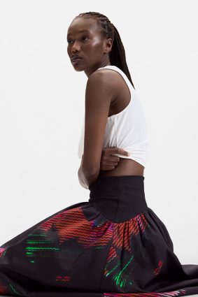 Desigual Pixelated Midi Skirt Negro front view showing fluid A-line silhouette and vibrant pixel-inspired print