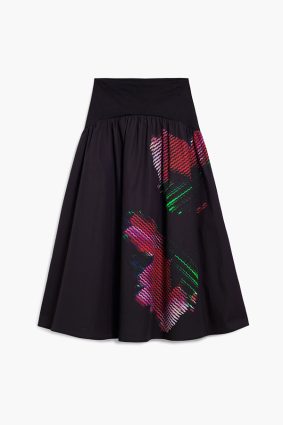 Desigual Pixelated Midi Skirt Negro front view showing fluid A-line silhouette and vibrant pixel-inspired print