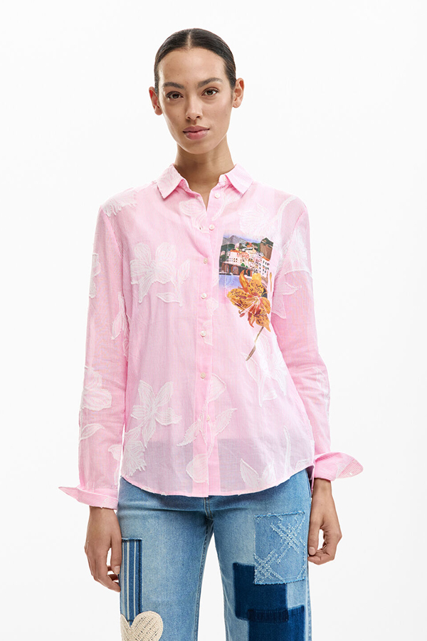 Desigual Postcard Shirt Rosa front view showing lightweight button-up style and pink pinstripes
