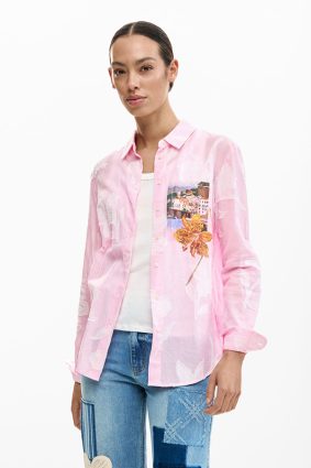 Desigual Postcard Shirt Rosa front view showing lightweight button-up style and pink pinstripes