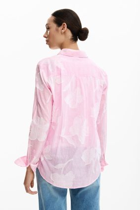 Desigual Postcard Shirt Rosa front view showing lightweight button-up style and pink pinstripes