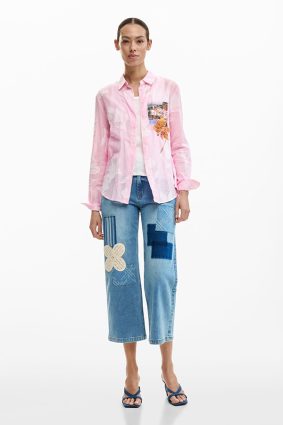 Desigual Postcard Shirt Rosa front view showing lightweight button-up style and pink pinstripes