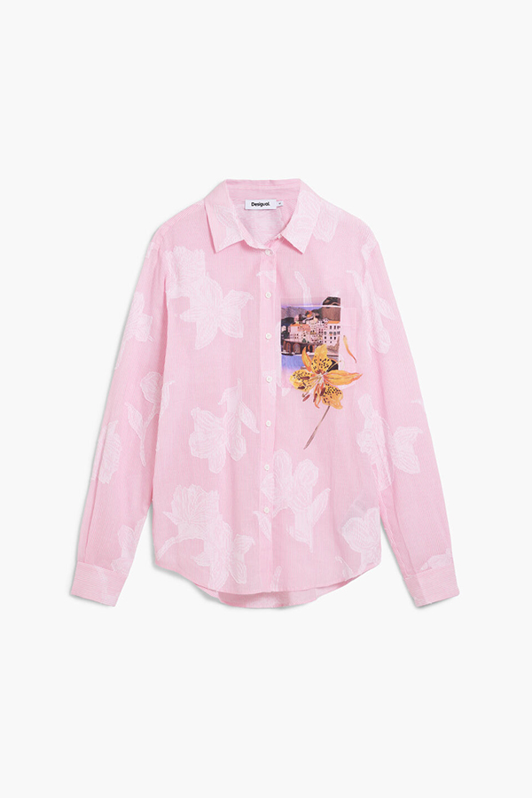 Desigual Postcard Shirt Rosa front view showing lightweight button-up style and pink pinstripes