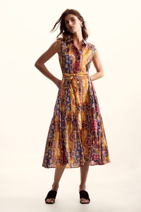 Desigual S/S Dress Tutti Fruti front view showing bold multi-coloured vertical stripes and fitted silhouette