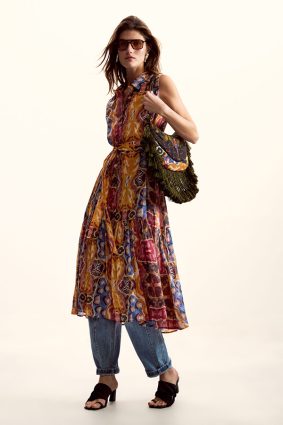 Desigual S/S Dress Tutti Fruti front view showing bold multi-coloured vertical stripes and fitted silhouette