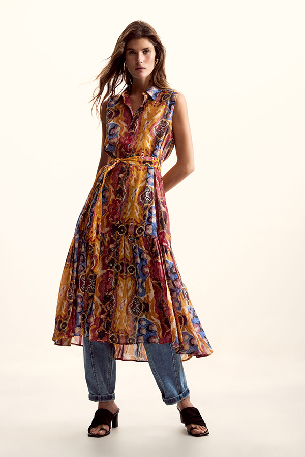 Desigual S/S Dress Tutti Fruti front view showing bold multi-coloured vertical stripes and fitted silhouette