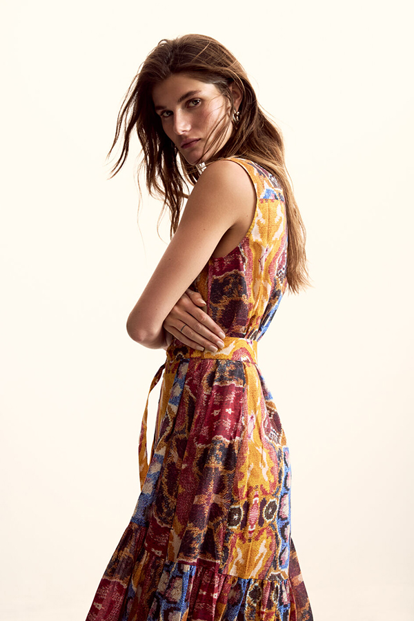 Desigual S/S Dress Tutti Fruti front view showing bold multi-coloured vertical stripes and fitted silhouette