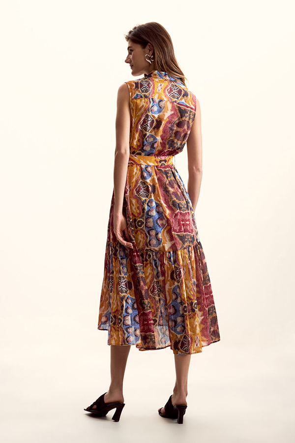 Desigual S/S Dress Tutti Fruti front view showing bold multi-coloured vertical stripes and fitted silhouette
