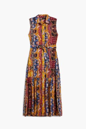 Desigual S/S Dress Tutti Fruti front view showing bold multi-coloured vertical stripes and fitted silhouette