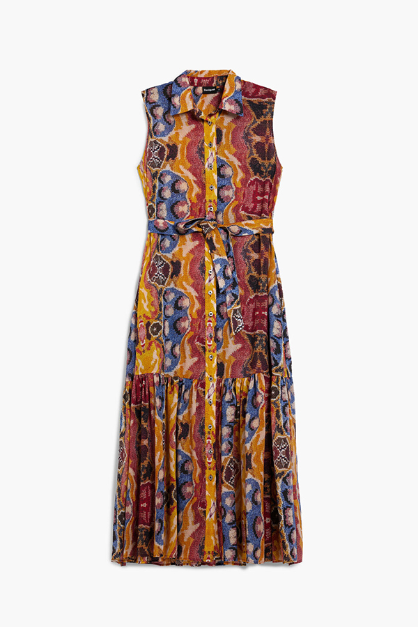 Desigual S/S Dress Tutti Fruti front view showing bold multi-coloured vertical stripes and fitted silhouette