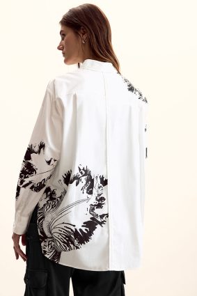 Desigual Shirt Orchid Blanco front view showing crisp white finish and striking monochrome orchid artwork