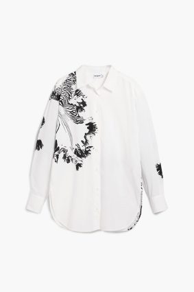 Desigual Shirt Orchid Blanco front view showing crisp white finish and striking monochrome orchid artwork