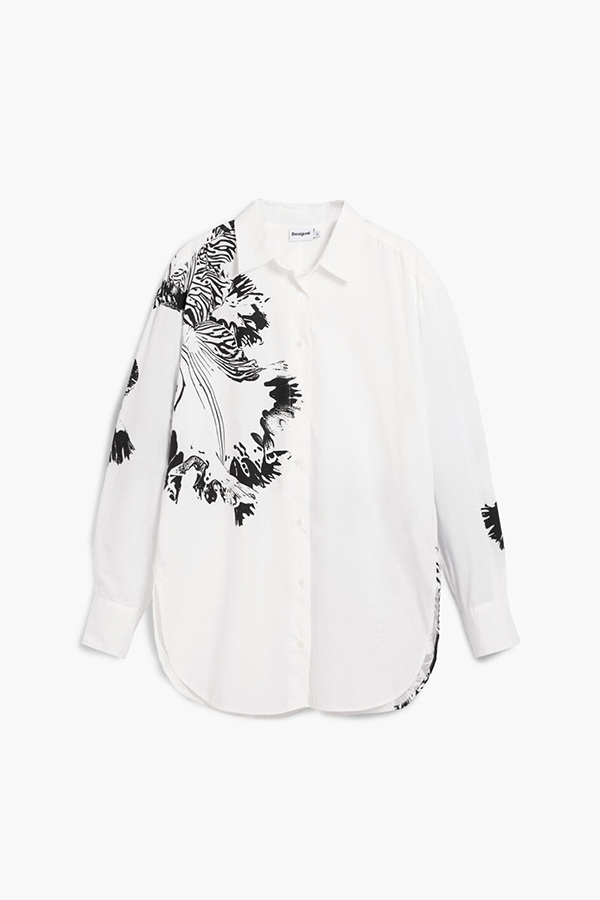 Desigual Shirt Orchid Blanco front view showing crisp white finish and striking monochrome orchid artwork