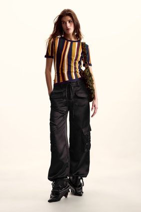 Desigual Stripe T-shirt Tutti Fruti front view showing fitted silhouette and bold multicoloured vertical stripes