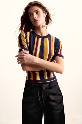 Desigual Stripe T-shirt Tutti Fruti front view showing fitted silhouette and bold multicoloured vertical stripes