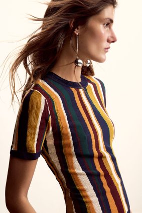 Desigual Stripe T-shirt Tutti Fruti front view showing fitted silhouette and bold multicoloured vertical stripes