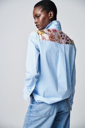 Herzens Blouse Aurora Multi striped button-through shirt with floral chest pocket and back yoke detail.