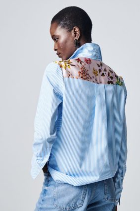 Herzens Blouse Aurora Multi striped button-through shirt with floral chest pocket and back yoke detail.