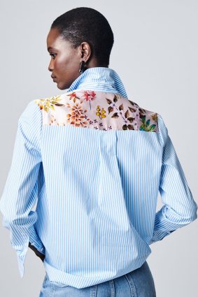 Herzens Blouse Aurora Multi striped button-through shirt with floral chest pocket and back yoke detail.